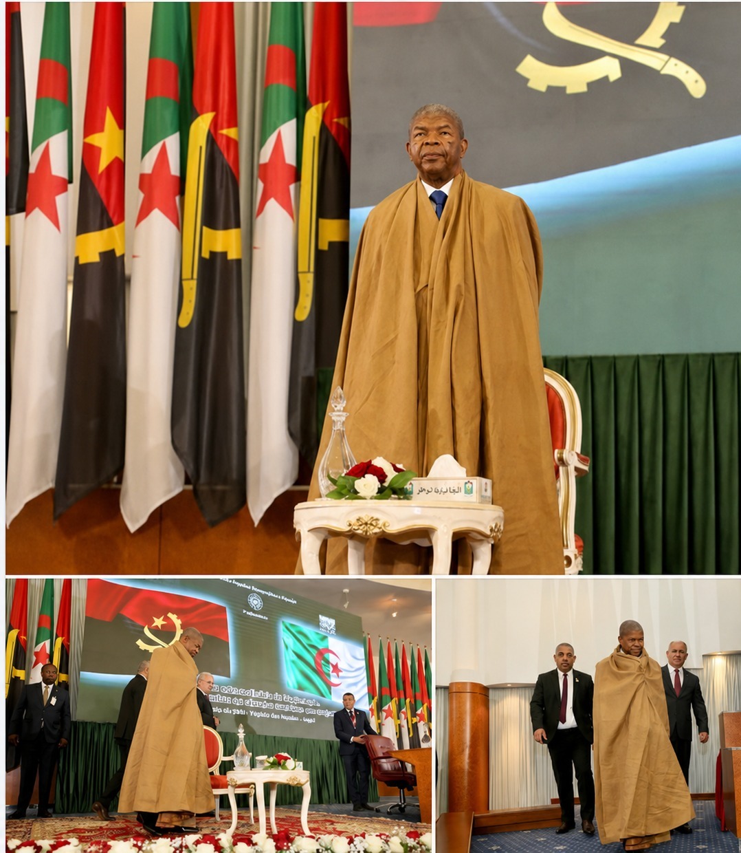 João Lourenço vestido com o tradicional burnous argelino durante cerimónia oficial no Parlamento da Argélia.